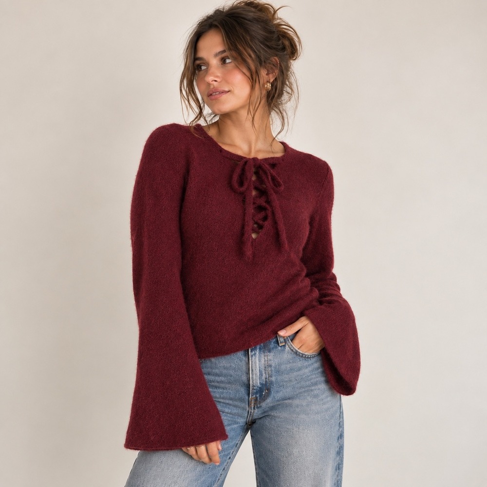 L'AGENCE Candela Lace Up Bell Sleeve Sweater Burgundy Alpaca Wool Blend XS Boho